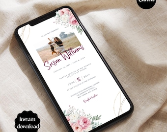 Funeral Announcement for Phone with Pink White Roses, Digital Funeral Invitation, Floral Celebration Of Life Mobile Invite, Memorial Evite