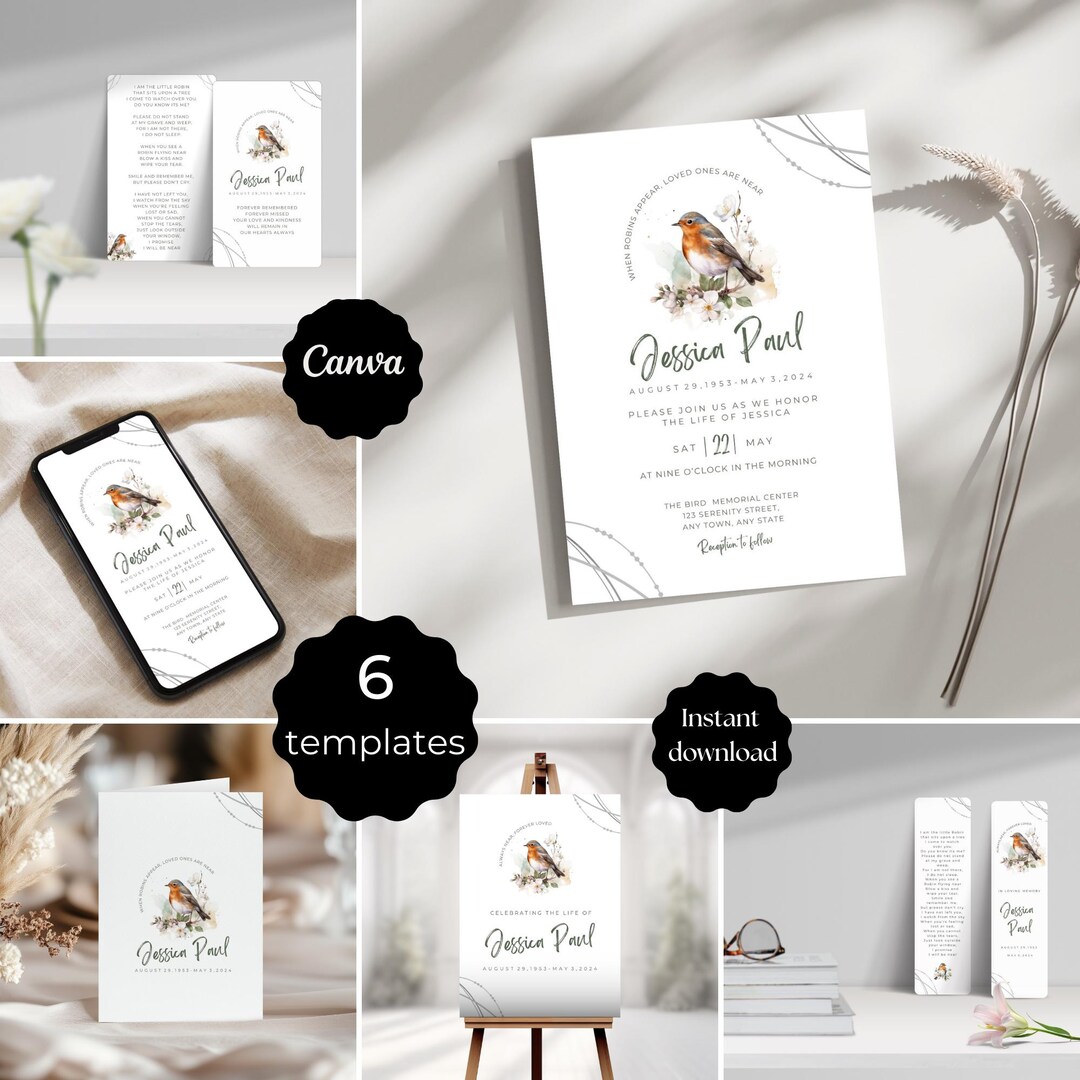 Editable Celebration of Life Template Set, Funeral Bundle With Robin ...