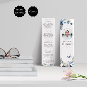 May include: Two rectangular funeral bookmarks featuring blue floral accents and a butterfly. One side displays the poem Her Journey's Just Begun, while the other features a circular photo of Jessica Johnson with birth and death dates.