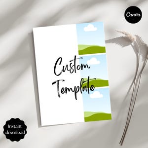 May include: A white card with the words "Custom Template" in black script. The right side features three landscape images with blue skies, white clouds, and green hills. A black circle with "Canva" is in the upper right corner, and a black circle with "Instant download" is in the lower left.