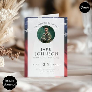 Military Funeral Program, Editable Obituary for Memorial Service Veteran, Patriotic Celebration of Life, Ceremony Brochure, Canva Template