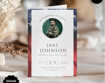 Military Funeral Program, Editable Obituary for Memorial Service Veteran, Patriotic Celebration of Life, Ceremony Brochure, Canva Template