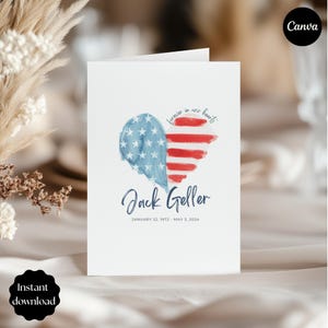 Può includere: Una carta bianca con un design a cuore ad acquerello nei colori della bandiera americana. Il cuore è diviso in blu con stelle bianche e strisce rosse. La carta recita "forever in our hearts" e "Jack Geller, January 22, 1972 - May 3, 2024."