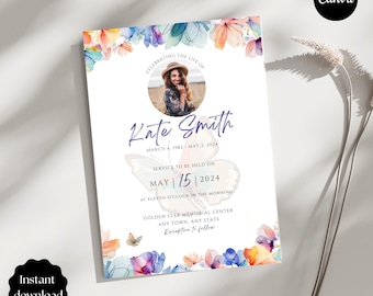 Anuncio de funeral con flores y mariposas, invitación floral para celebrar la vida, plantilla de invitación conmemorativa (editable en Canva)