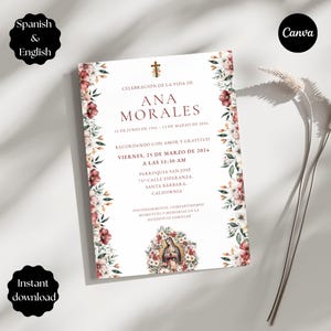 May include: A white invitation card with floral border and text in Spanish and English. The card includes the text "Celebración de la vida de Ana Morales" and "Viernes, 25 de marzo de 2024". The Canva and Instant Download logos are visible.