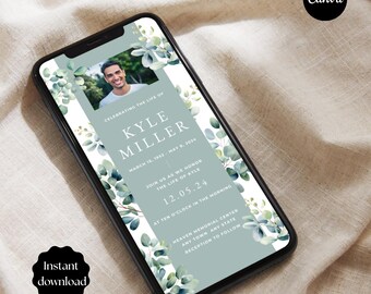 Greenery Digital Funeral Invitation, Electronic Funeral Announcement, Celebration Of Life Text Message Invite with Leaves, Memorial Evite