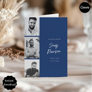 Peut inclure: Carte de deuil bleu marine avec trois photos en noir et blanc d'un homme. Le texte "In Loving Memory Joey Pierson, June 14, 1962, July 9, 2024" est inscrit. Un cercle noir indique "Téléchargement instantané".