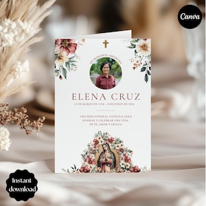 May include: A memorial card with a photo of a woman, floral accents, and text. The card includes the name "ELENA CRUZ", dates, and Spanish text. The design features a cross and an image of the Virgin Mary. The words "Instant download" are also visible.