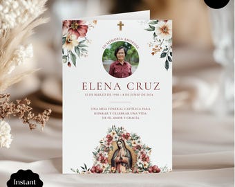 Spanish Catholic Funeral Program Template, Español Virgen De Guadalupe Memorial Pamphlet, Floral Virgin Mary Brochure, En Memoria Amorosa