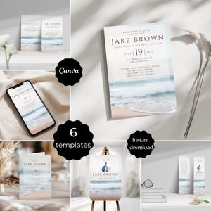 May include: A collection of beach-themed invitation templates. The designs feature a serene ocean scene with the text "JAKE BROWN" and event details. Includes various formats, such as cards, phone display, and a welcome sign. The text "Instant download" is also visible.