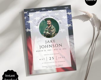 May include: A memorial card with an American flag design. The card features a photo of a man in military attire, with the text "Remembering the Life of Jake Johnson." Details include birth and death dates, service date, time, and location.