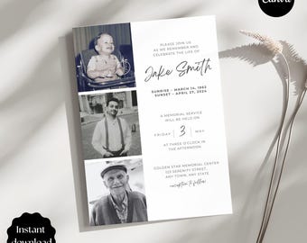 Puede incluir: Una invitación a un servicio conmemorativo con tres fotos en blanco y negro de una persona en diferentes edades. El texto dice "Jake Smith" y detalla el servicio conmemorativo, incluyendo la fecha, hora y lugar. También se ven las palabras "Descarga instantánea".