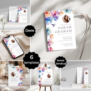 May include: A collection of memorial templates featuring floral designs and a hummingbird. The templates include invitations, a phone screen display, a sign on an easel, and bookmarks. The text includes the name "Sarah Graham" and service details.