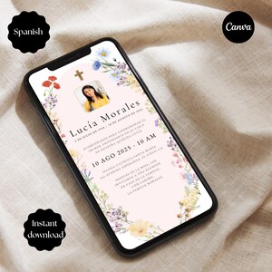 May include: A smartphone displays a digital invitation for a memorial service. The invitation features a photo, floral border, and text in Spanish. The text includes the name "Lucía Morales", dates, and location details. The design is in soft pink with floral accents.