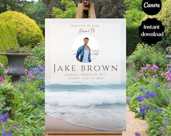 Ocean Funeral Welcome Sign, Coastal Funeral Poster Template, In loving Memory Sign, Celebrating the Life, Beach Memorial Service - Canva