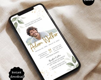 Greenery Celebration of Life E-invite, Digital Funeral Announcement, Mobile Funeral Invitation, Botanical Leaves Memorial Evite - Edit Canva