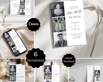 Funeral Template Bundle with Photo Collage, Minimal Memorial Stationery Set, Editable Funeral Package, Simple Celebration of Life Set, Canva