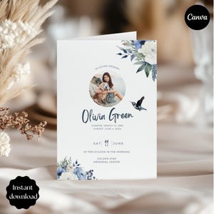 May include: A white memorial card with a photo of a woman and a dog, floral accents, and the text "Olivia Green." Includes the dates "Sunrise: March 14, 1992" and "Sunset: June 4, 2024." The card also has the text "Instant download."