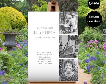 Cartel de bienvenida funeraria en blanco y negro, plantilla de collage de fotos para celebración de la vida, cartel conmemorativo minimalista, en memoria de un ser querido - Canva