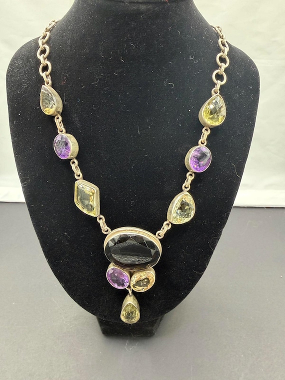 Sterling Silver Multi-Gemstone Statement Necklace - image 1
