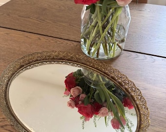 Vintage Gold Filigree Vanity Mirror Tray