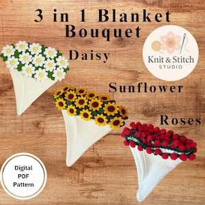 3-in-1 Crochet Flower Blanket PDF Pattern: Daisy, Rose, Sunflower Baby Throw (Digital Download)