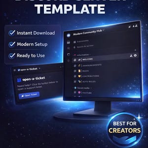 Peut inclure: Visuel numérique pour un modèle de serveur Discord. L'image montre un écran d'ordinateur affichant une interface de communauté, avec des options de téléchargement instantané, de configuration moderne et de fonctionnalités prêtes à l'emploi. Le texte indique "Best for Creators."