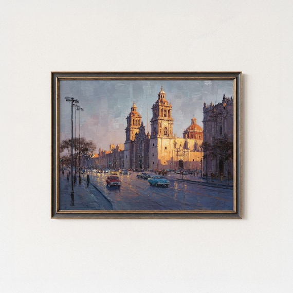 額縁込みメキシコ画家ミッドセンチュリー Mexico City Cathedral Art Print: Zócalo Square Oil Painting - Etsy