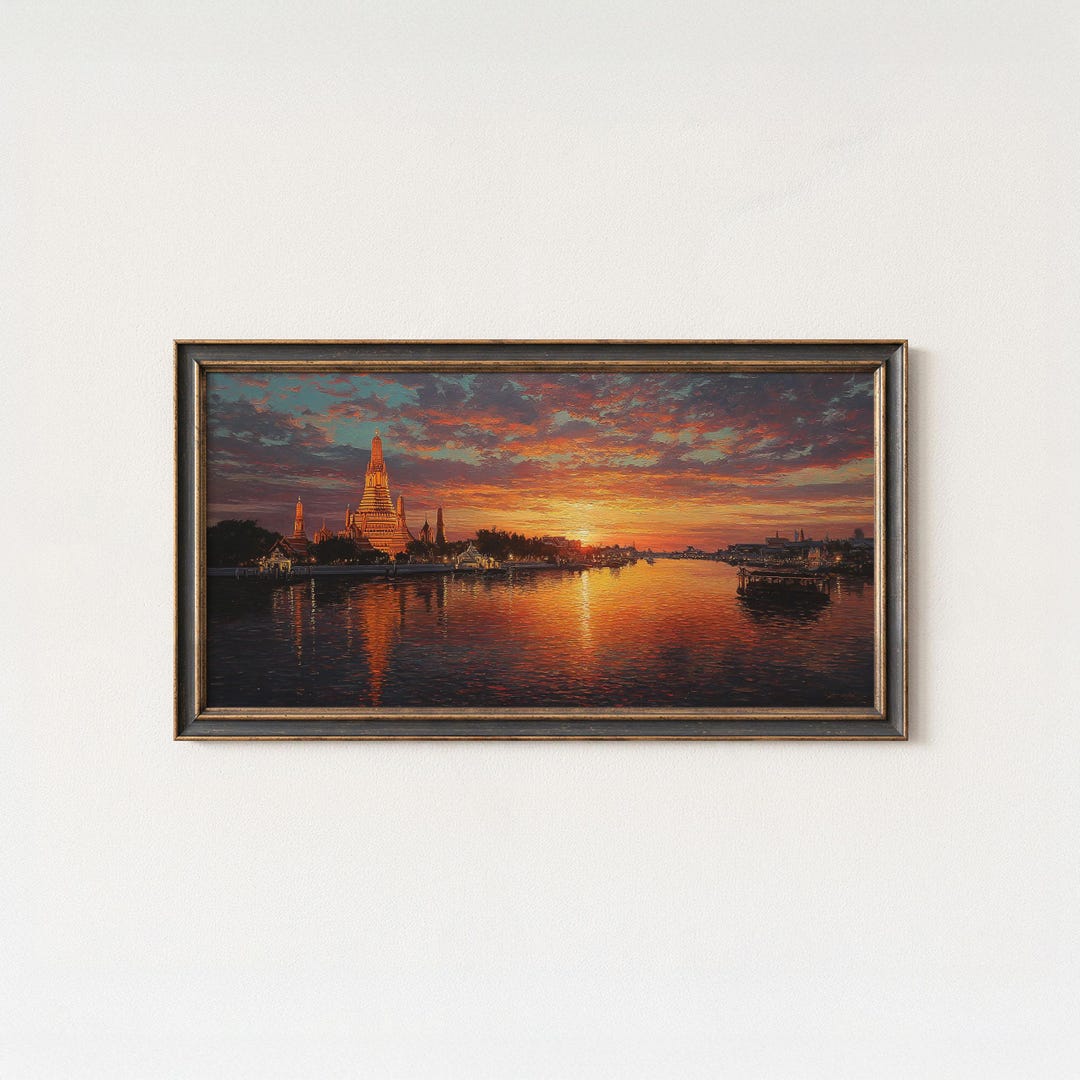 Bangkok Temple Sunset Art Print – Thailand Golden River Reflection