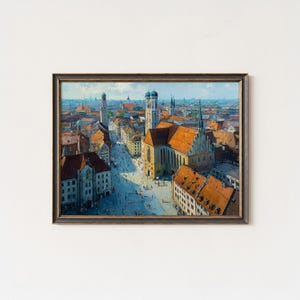 Impressão da pintura a óleo da Marienplatz de Munique | Arte de parede com o horizonte da Baviera