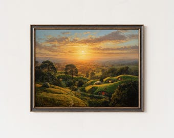 Pintura del atardecer en Hobbiton: Arte de un pueblo fantástico de Nueva Zelanda