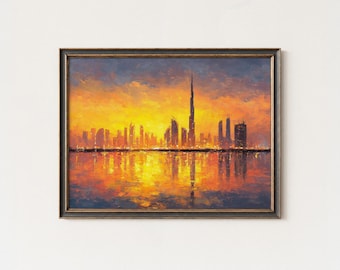 Dubai Sunset Skyline Art Print: Burj Khalifa Golden Hour Cityscape
