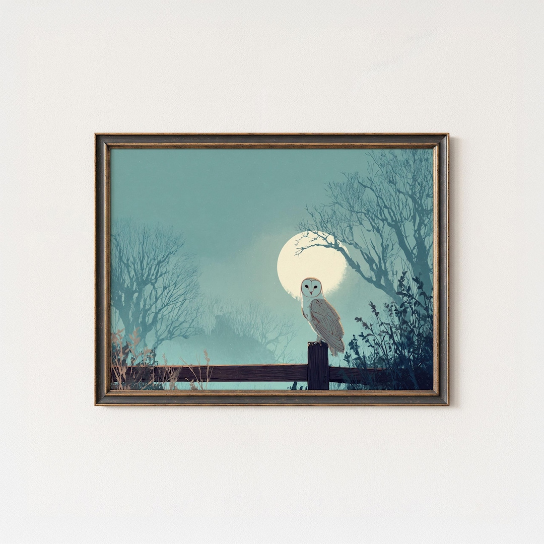 Barn Owl Moonlight Print: Teal Forest Night Scene Wall Art - Etsy