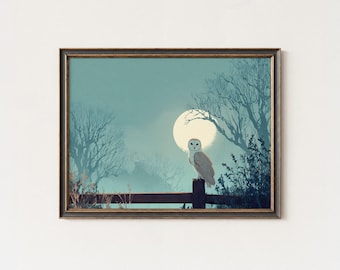 Barn Owl Moonlight Print: Teal Forest Night Scene Wall Art
