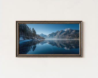 Frozen Lake Mountain Art Print: Winter Alpine Reflection