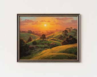 Hobbiton Sunset Print: New Zealand Shire Landscape, Fantasy Wall Art