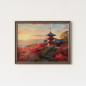 Kyoto Temple Wall Art | Kiyomizu-dera Watercolor Print | Japanese Sunset Landscape | Autumn Japan Home Decor