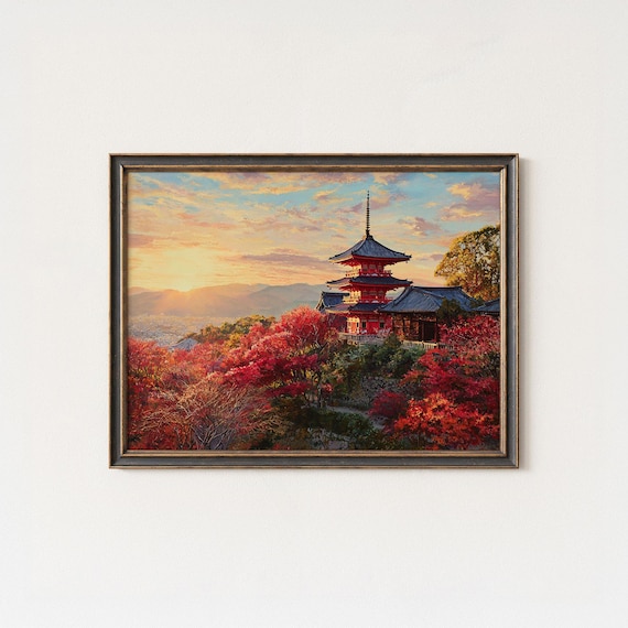 京都のお寺の壁アート | 清水寺の水彩画 | 日本の夕焼け風景 | 秋の
