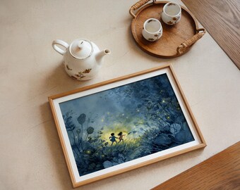 蛍の版画：気まぐれな子供の夜の森の絵画 - Etsy 日本