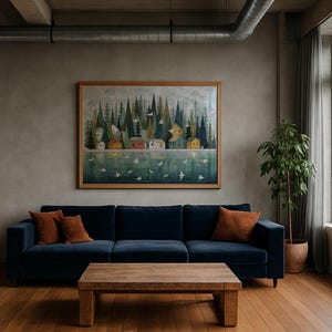 Nordic Folk Art Print: Scandinavian Village, Lake & Forest image 3