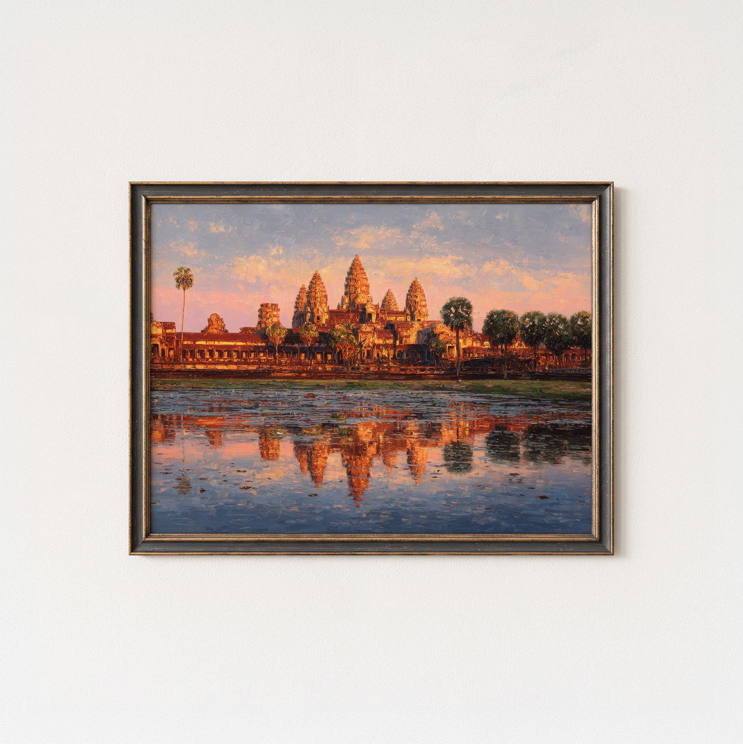 アンコールワットの日の出アートプリント：カンボジア寺院の油絵