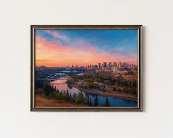 Edmonton Sunset Skyline Art Print: Alberta Cityscape Oil Painting