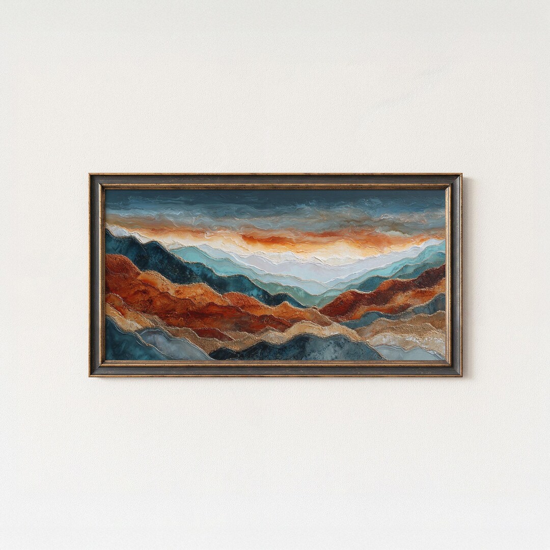 Textured Mountain Landscape Art Print: Teal & Rust Giclée - Etsy