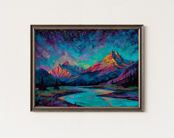 Colorful Mountain Night Sky Art Print – Starry Landscape Wall Decor
