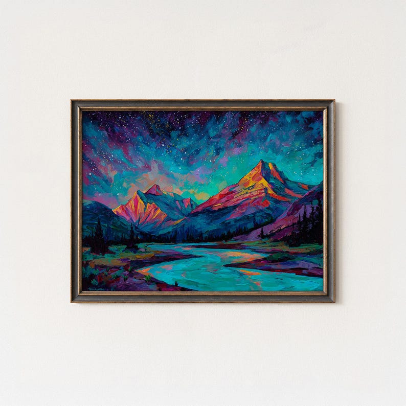 Colorful Mountain Night Sky Art Print – Starry Landscape Wall Decor - Etsy