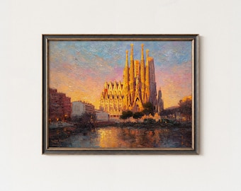 Barcelona Sagrada Familia Print | Sunset Oil Painting Reflection Wall Art
