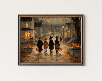 Vintage Halloween Print: Spooky Children with Pumpkin Lanterns Wall Art
