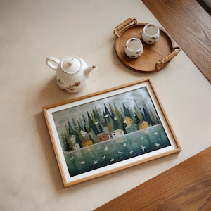 Nordic Folk Art Print: Scandinavian Village, Lake & Forest image 6