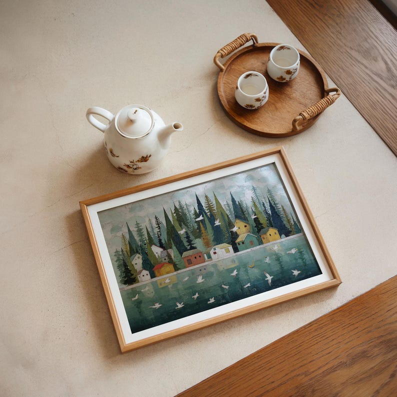 Nordic Folk Art Print: Scandinavian Village, Lake & Forest image 6