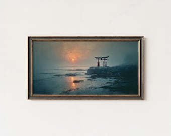 Japanese Torii Gate Sunrise Print – Misty Coastal Zen Art